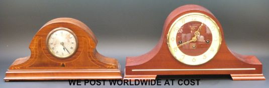 A inlaid C1910 mantel clock fitted with a Quartz movement and a Woodford three train mantel clock