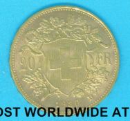 A cased 1930's 'B' Swiss 20 Franc gold coin