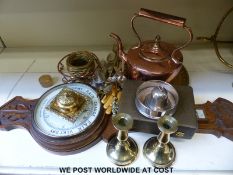 A quantity of metalware and collectables to include oak cased aneroid barometer,