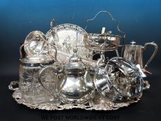 A quantity of silver plated items to include a large tray (width 60cm), Mappin & Webb basting spoon,