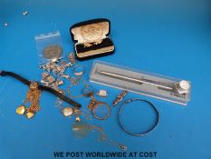 Silver charm bracelet, bangle, 9ct gold brooch, chains etc, 9ct gold watch,