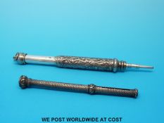 A hallmarked silver propelling pencil (marks rubbed) and another marked Mosley, London,