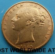 A cased 1863 Victoria young head gold full sovereign, first reverse,