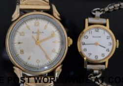 Two Bulova gold plated wristwatches one a gentleman's wristwatch with gold hands and Arabic
