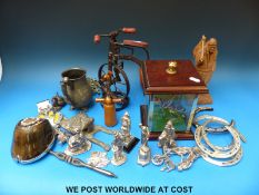 Mixed items including mounted horse's hoof, two fox door knockers,