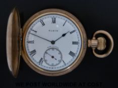 An Elgin gold plated full hunter pocket watch with keyless wind movement