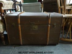 A vintage ash bound leather handled trunk (W76 x D50 x H50cm)