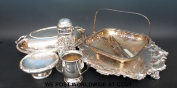 A silver plated salver, diameter 32cm, entree dish,