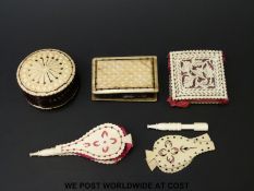 Four 19thC carved and pierced bone pin cushions including bellows,