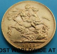A cased 1872 Victoria young head gold full sovereign, second reverse,