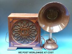 Two BTH speakers one horn type the other in wooden cabinet