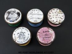 Five miniature 18thC Bilston enamel pill boxes 'Love the Giver' 'A Token of Love' 'Unity,
