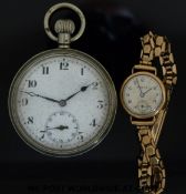 A gold cased Rolls ladies wristwatch together with a keyless wind pocket watch