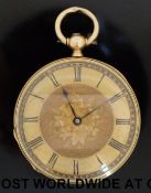 A ladies keywind fob watch in 14k yellow metal chased case,