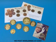 A small collection of various gold plated portrait commemorative medallion coins together with six