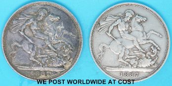 Two 1887 Jubilee head Victorian crowns