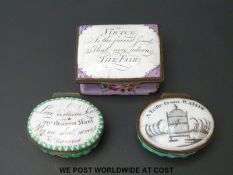 Three 18thC Bilston / Battersea enamel pill or patch boxes including 'Virtue is the Fairest Jewel