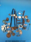 A gold bar brooch, silver brooches, silver and other watches including ladies gold example,