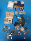 A silver ingot, hallmarked silver pendant, threepenny pieces, hallmarked silver identity bracelet,