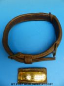 A late 19th/20thC leather dog collar with engraved brass tag J.E.