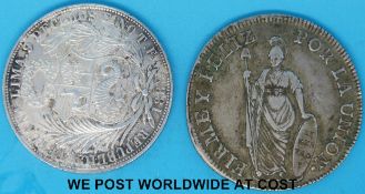An 1837 Peru 8 Reale crown sized coin together with an 1888 silver 1 Sol Peru coin