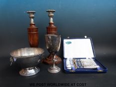 A cased set of hallmarked silver handled forks, plated bowl,