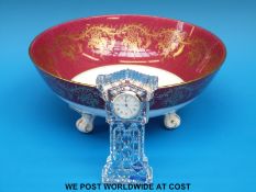 A Coalport bowl raised on three legs (diameter 26cm) and an Edinburgh Crystal clock