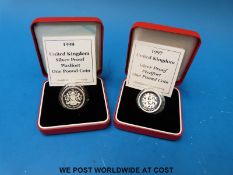 A 1997 silver proof cased Piedfort £1 coin, together with a 1998 example,