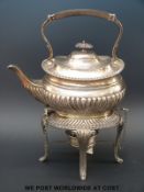 A Masonic interest George V spirit kettle on stand of fluted design, inscription relating to Wor.