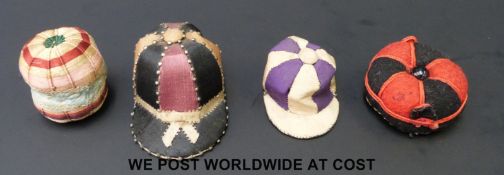 Four 19thC pin cushions including silk jockey's cap,