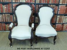 19thC mahogany King and Queen chairs with carved arm rests, serpentine fronts and carved detail,