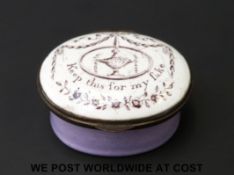 An 18thC Bilston enamel pill box 'Keep This For My Sake'. 2.