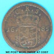 A large bronze 1685 Charles II coin, CRS rampant lion coat of arms under crown,
