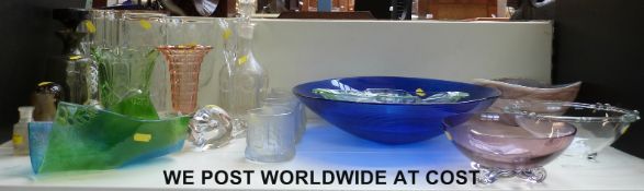 A loose collection of decorative glassware to include a large Bristol Blue bowl (diameter 39cm)