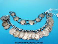 Two silver bracelets with mounted coins dated from 1913