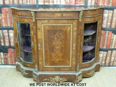 A 19thC inlaid walnut breakfront credenza with two serpentine glazed cupboards (one glass missing)