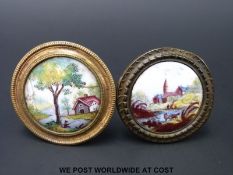 Two 18thC English Bilston enamel cloak pins or chimney piece knobs,