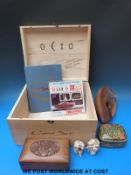 A carved box, lacquer box, carved Indian figure, Thunderbirds FAB record,