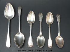 Six various Georgian and Victorian hallmarked silver spoons (187g)