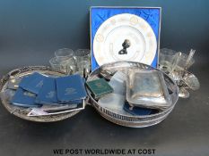 A small collection of silver plated items together with various coins including crowns decimal sets