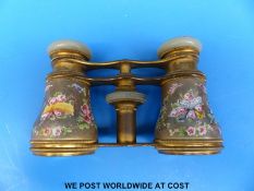 A pair of French painted opera glasses retailed by Elliot, the Strand,