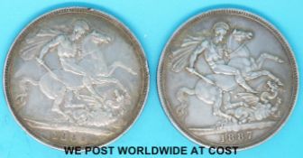 Two 1887 Jubilee head Victorian crowns