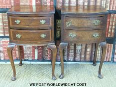 Two bow fronted chests of two drawers raised on cabriole legs both with crossbonded detail (H72 x