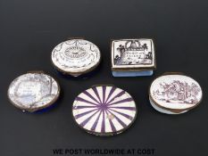 Five 18thC Bilston and Battersea enamel pill boxes including 'The Gift of a Friend' 'Look and