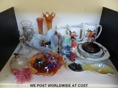 A collection of ceramics and glass to include a four division cruet, Carnival glass,