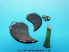 A 9ct gold mounted jade fob together with a pair of abalone pendants and an early ring,