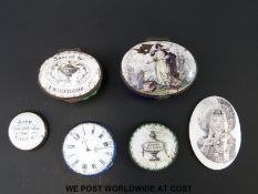 A collection of Bilston enamels comprising two pill boxes 'Sacred to Friendship' the other