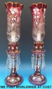 A pair of drop lustre lamps with cut glass shades (56cm tall)