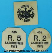 A Cocos (Keeling) Islands 1 Rupee ivorine square token 1910 obverse,