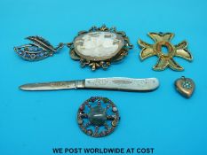 A cameo brooch, a yellow metal heart locket set with turquoise and a seed pearl,